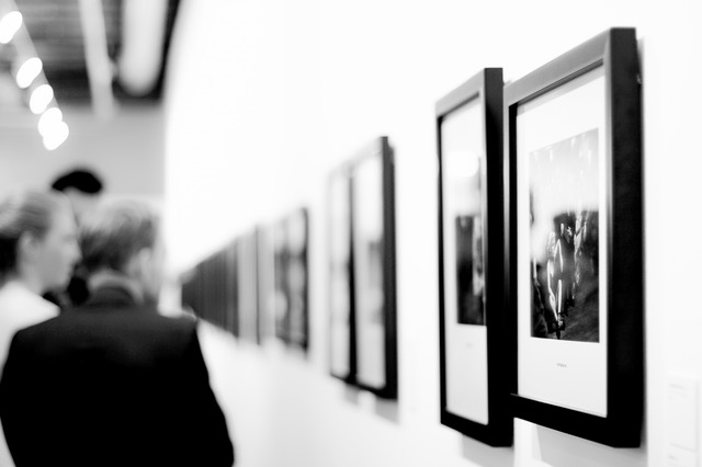 Black and white picture of a photo gallery, man looking at picture, interior design problems, MGSD