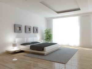 White bedroom with platform bed and minimal design, Melbourne interior design, MGSD