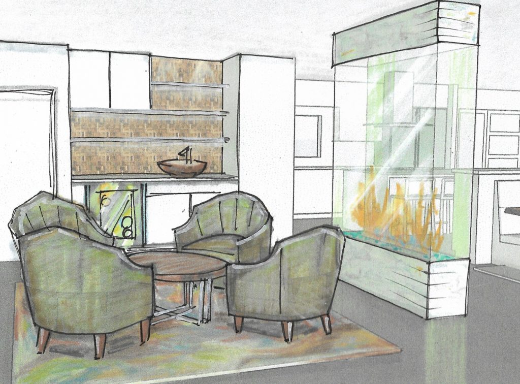 Rendering of den turned into open bar area; Victoria Bellucci Kellam; Indian river interior design; MGSD
