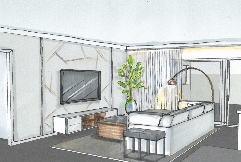 Rendering of television area; Victoria Bellucci Kellam; Indian river interior design; MGSD