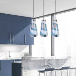 Modern kitchen with blue cabinets and pendant light, Panatone color of the year 2020, Michael Gainey Signature Designs