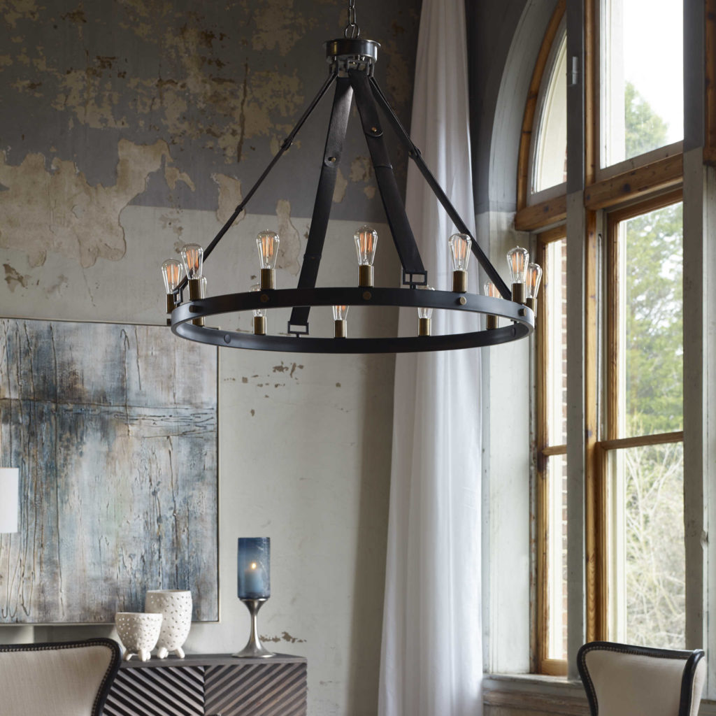Iron wagon wheel chandelier, Uttermost; interior design lighting; MGSD