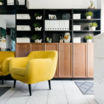 Modern living space with yellow chair; interior design trends 2021; MGSD