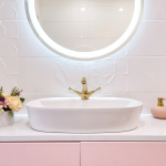 Textured tile over bathroom vanity; tile trends 2022; MGSD