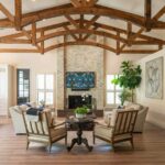 Living room with dramatic ceiling beams