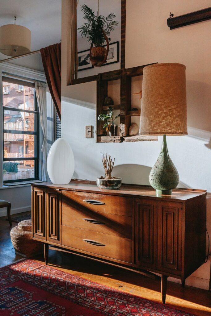 Vintage console with lamps; Michael Gainey Signature Designs; 1940s interior design trends